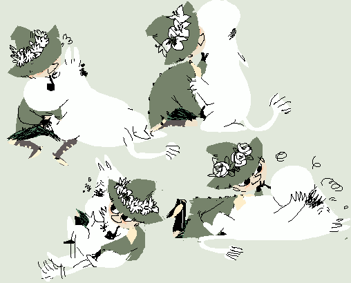 clothing duo green_clothing green_hat green_headwear green_robe hat headgear headwear kissing robe white_body 2n2n the_moomins moomintroll snufkin human mammal moomin 2015 digital_media_(artwork) lineless pixel_(artwork)