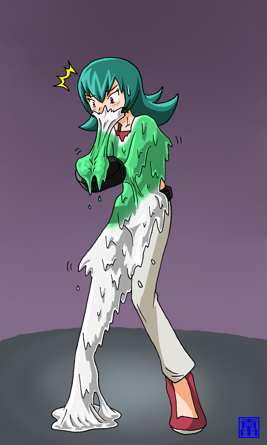 bound female goo_transformation green_hair gym_leader hair latex red_eyes slime solo species_transformation thin_calves thin_legs thin_thighs transformation omoi nintendo pokemon sabrina_(pokemon) gardevoir generation_3_pokemon human mammal pokemon_(species)