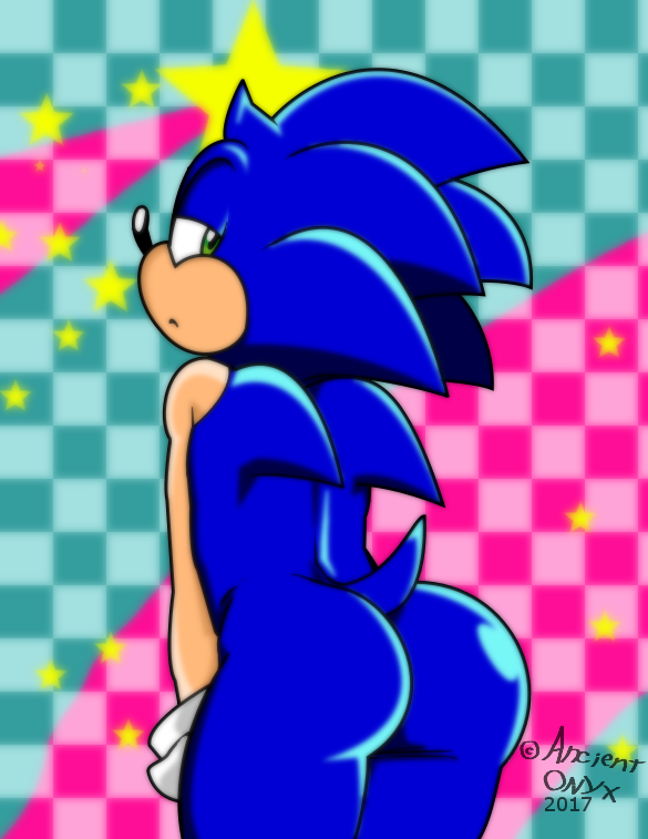 abstract_background anthro apathetic blue_body blue_fur bubble_butt butt checkered checkered_background frown fur glistening glistening_body glistening_fur green_eyes half-closed_eyes male narrowed_eyes pattern_background presenting presenting_hindquarters raised_tail simple_background solo tail thick_thighs ancientonyx sega sonic_the_hedgehog_(series) sonic_the_hedgehog eulipotyphlan hedgehog mammal