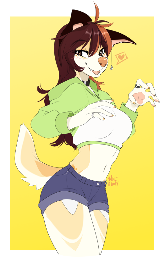 5_fingers anthro breasts brown_eyes brown_hair clothed clothing collar countershade_torso countershading cropped_sweater digit_ring ear_piercing female finger_ring fingers fully_clothed fur hair heart_symbol highlights_(coloring) jeans_shorts jewelry looking_at_viewer midriff navel open_mouth open_smile piercing simple_background smile solo standing tail tan_body tan_fur tongue yellow_background wolflady danika_(wolflady) canid canine canis domestic_dog mammal 2024