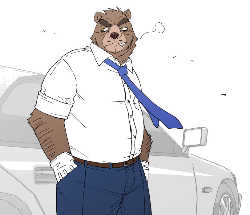 anthro belly bottomwear brown_body brown_fur car cigarette clothing fur kemono male overweight overweight_anthro overweight_male pants shirt smoke smoking solo topwear vehicle ryuta-h bear mammal 2016