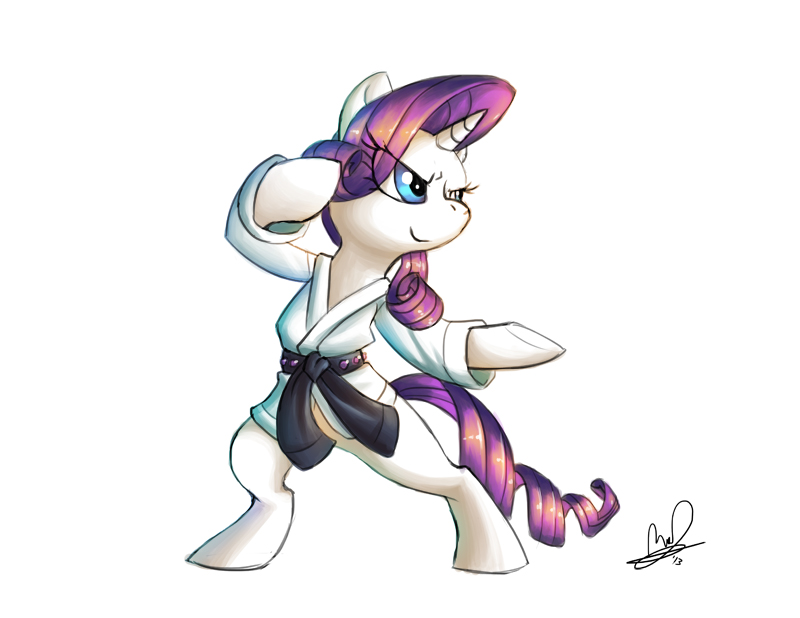 belt black_belt blue_eyes female fur gem hair horn karate keikogi martial_arts_uniform pose purple_hair simple_background solo sportswear standing tail white_background white_body white_fur lanmana friendship_is_magic hasbro my_little_pony mythology rarity_(mlp) equid equine mammal mythological_creature mythological_equine unicorn 2013