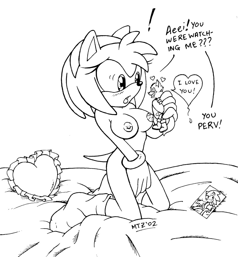 anthro blush dialogue duo exclamation_point female genitals heart_symbol male micro penis pillow size_difference text thin_calves thin_legs thin_thighs vkyrie sega sonic_the_hedgehog_(series) amy_rose artie canid canine eulipotyphlan fox hedgehog mammal 2002 english_text monochrome