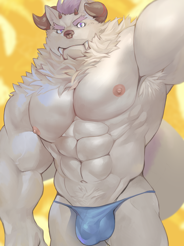 abs anthro armpit_hair body_hair bulge clothing detailed_bulge eyebrows fur hair horn male muscular muscular_anthro muscular_male nipples pecs purple_hair solo speedo swimwear thick_eyebrows white_body white_fur fug@9 lifewonders tokyo_afterschool_summoners behemoth_(tas) monster 3:4