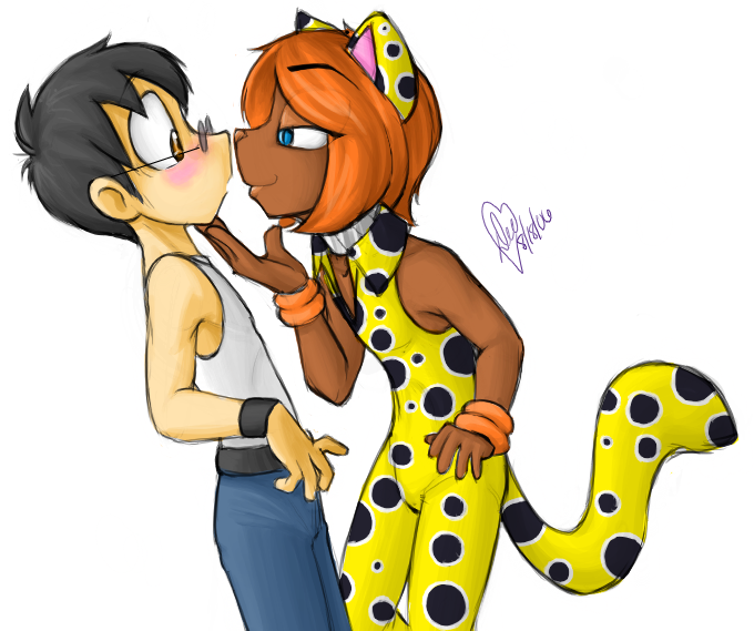 animal_print black_hair blue_eyes blush brown_body brown_eyes brown_skin cheetah_print clothing duo eye_contact eyewear glasses hair lidded_eyes looking_at_another male male/male orange_hair pale_skin shirt simple_background tank_top topwear kittydee samba_de_amigo sega rio_(samba_de_amigo) felid human mammal 2006 digital_media_(artwork)