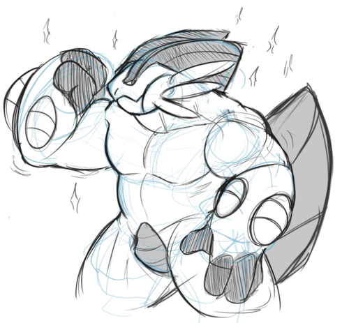 anthro biped looking_at_viewer male muscular muscular_anthro muscular_male pecs pokemorph raised_arm simple_background smile solo standing manlyshark nintendo pokemon generation_6_pokemon mega_evolution mega_swampert pokemon_(species) low_res sketch