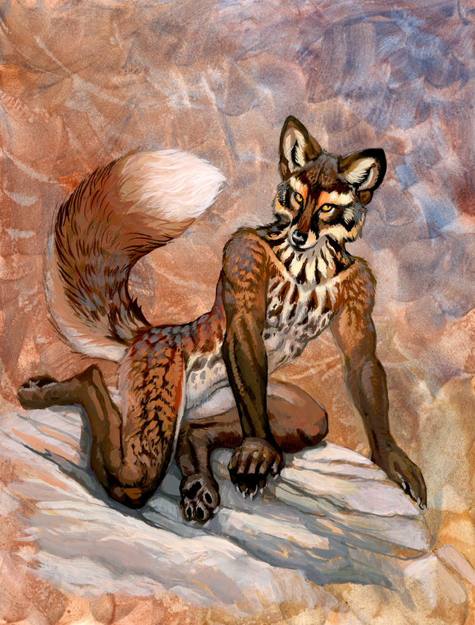 4_toes 5_fingers anthro black_nose brown_body brown_fur claws feet fingers fur male nude orange_eyes tail toes hibbary species_request 2023 traditional_media_(artwork)