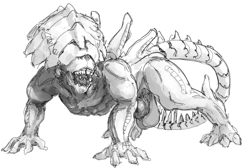 animal_genitalia anthro balls claws crossgender genitals male muscular muscular_male saggy_balls sharp_teeth sheath solo teeth gromdrawing alien_(franchise) alien xenomorph xenomorph_king xenomorph_queen monochrome sketch