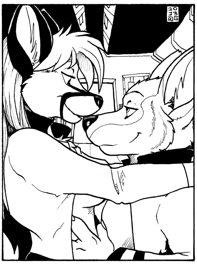 anthro bedroom_eyes breasts clothed clothing duo eye_contact female fur hair looking_at_another male male/female narrowed_eyes seductive text rick_griffin chakona_space bethany_oakwood martin_yote canid canine canis coyote fox mammal 2013 english_text greyscale monochrome sketch