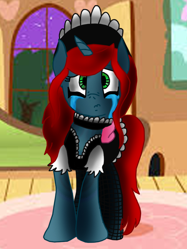 blue_body blue_fur bodily_fluids clothing collar crying female fur green_eyes hair horn legwear maid_uniform red_hair solo stockings tears uniform pokemonslayer1 hasbro my_little_pony mythology binary fan_character equid equine mammal mythological_creature mythological_equine unicorn 2014 3:4