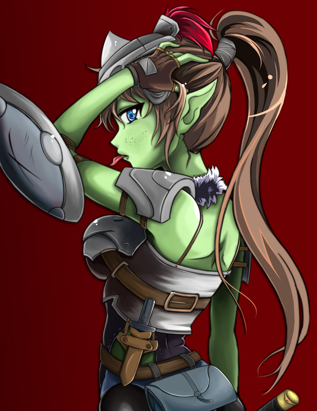 alternate_species armor blue_eyes breasts brown_hair clothed clothing crossgender female fingerless_gloves freckles gloves green_body green_skin hair hand_on_head handwear humanoid_pointy_ears knife long_hair not_furry pointy_ears ponytail red_background shield side_view simple_background solo tongue tongue_out kenmi goblin_slayer goblin humanoid