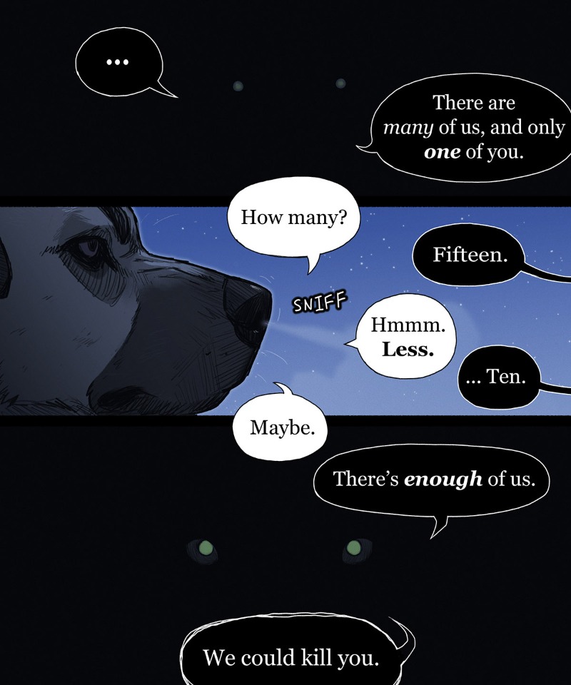 dialogue forest looking_at_viewer night outside plant sky solo star text tree whiskers pet_foolery canid canine canis domestic_dog mammal 5:6 comic english_text