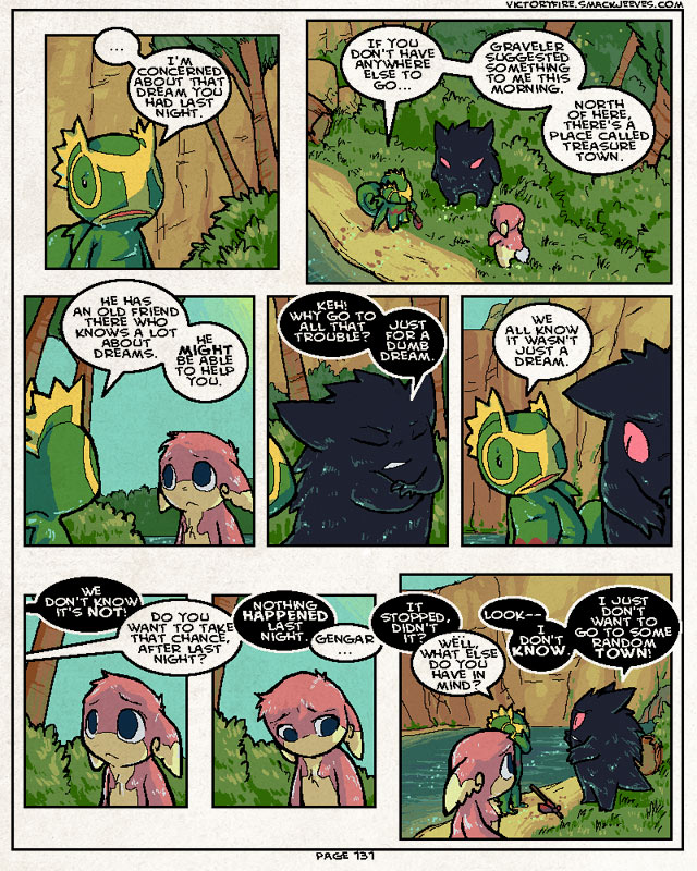 dialogue female group male speech_bubble text sulfurbunny_(artist) nintendo pokemon pokemon_mystery_dungeon pokemon_victory_fire spike_chunsoft jen_(vf) audino generation_1_pokemon generation_3_pokemon generation_5_pokemon gengar kecleon pokemon_(species) 4:5 comic english_text