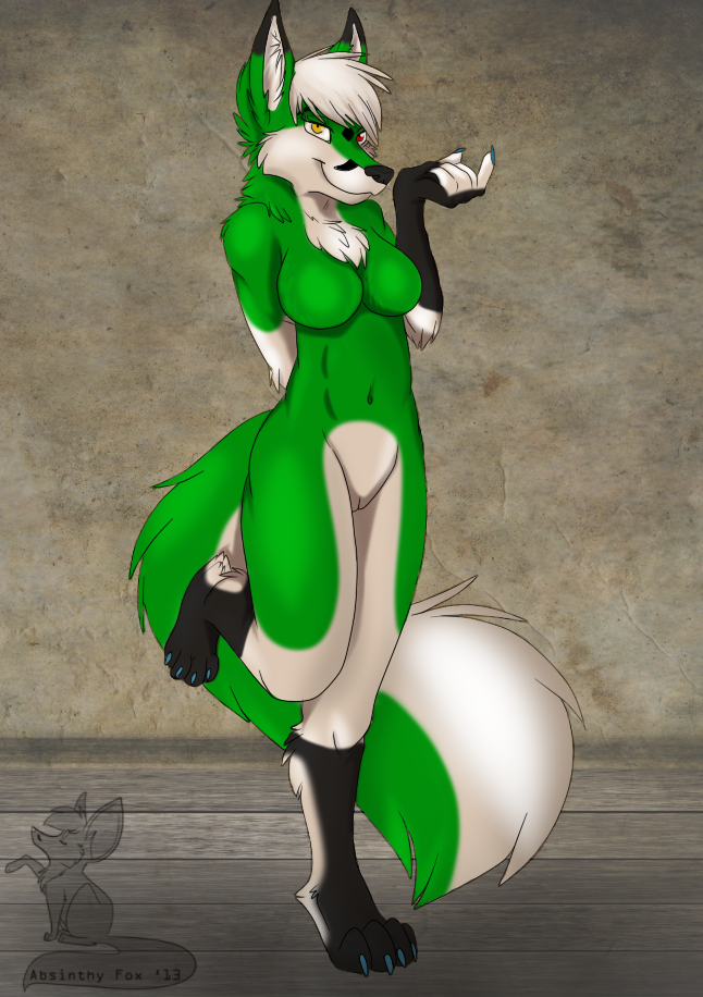 4_toes anthro breasts chest_tuft claws digitigrade feet female fur genitals gloves_(marking) green_body green_fur hair hindpaw leg_markings looking_at_viewer markings nude paws pussy socks_(marking) solo tail toes tuft white_hair fox_fury absinthy canid canine fox mammal 2013