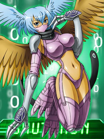 blue_eyes blue_hair breasts claws clothing feathered_wings feathers female green_background hair midriff navel panties simple_background solo underwear wings bandai_namco digimon european_mythology greek_mythology mythology avian digimon_(species) harpy mythological_avian mythological_creature zephyrmon 3:4 low_res official_art