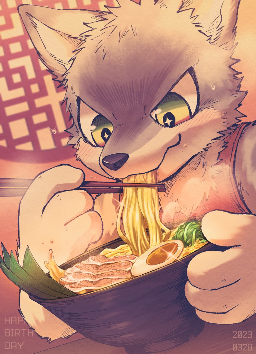 anthro blush blush_lines chopsticks countershade_face countershade_fur countershading eating eating_food egg fingers food fur holding_chopsticks holding_object kemono male noodles ramen solo dark_ishihara canid canine mammal