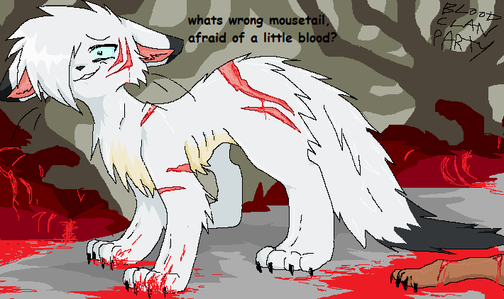 ambiguous_gender arm_scar back_scar black_ear_tips black_nose black_tail_tip black_text blood blue_eyes bodily_fluids cheek_scar corpse dialogue digitigrade dipstick_ears dipstick_tail ear_markings ears_down facial_scar feral feral_with_hair fur gore grin hair insane looking_at_viewer markings multicolored_ears paws pink_inner_ear pink_scar pivoted_ears ribs scar shoulder_scar smile solo tail tail_markings text white_body white_fur white_hair dethtwink warriors_(book_series) fan_character domestic_cat felid feline felis mammal 2024 aliasing comic_sans digital_drawing_(artwork) digital_media_(artwork) english_text full-length_portrait portrait story story_in_description