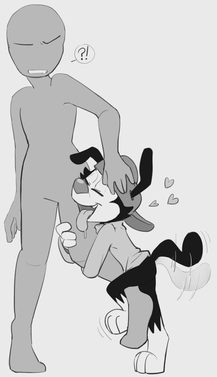 ambiguous_gender anthro bottomless clothed clothing duo eyes_closed hat headgear headwear heart_symbol leg_hug leg_humping looking_pleasured male male/ambiguous tongue tongue_out anonymous_artist animaniacs warner_brothers anon wakko_warner human humanoid mammal hi_res monochrome