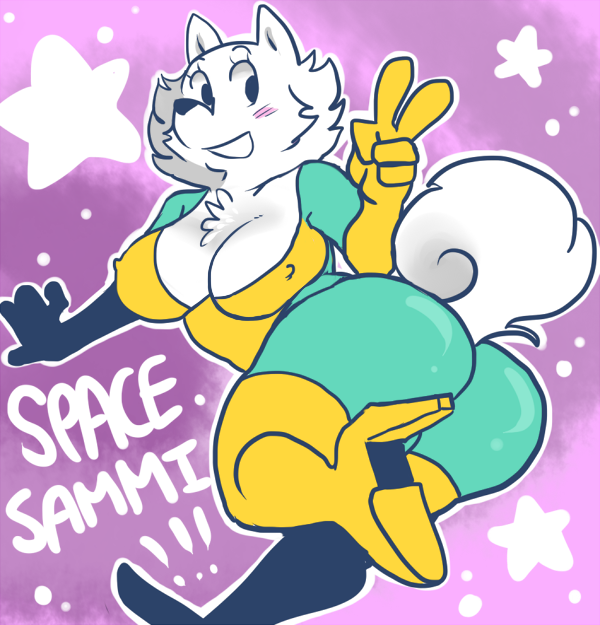 anthro biped blush breasts butt cleavage clothed clothing crossgender female footwear fur gesture hand_gesture high_heels shoes solo space text tight_clothing v_sign white_body white_fur zombbh space_sam canid canine canis domestic_dog mammal digital_media_(artwork)