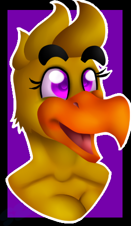 anthro anthrofied beak black_border border breasts female non-mammal_breasts purple_eyes smile solo yellow_body atomic52 five_nights_at_freddy's scottgames chica_(fnaf) avian bird chicken galliform gallus_(genus) phasianid low_res