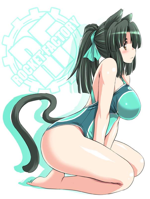 backless_clothing backless_swimsuit big_breasts breasts clothed clothing female fur furry_tail hair happy looking_at_viewer one-piece_swimsuit open-back_swimsuit ponytail shy smile solo sport_swimsuit swimwear tail yellow_eyes tonpuu animal_humanoid cat_humanoid domestic_cat felid felid_humanoid feline feline_humanoid felis humanoid mammal mammal_humanoid