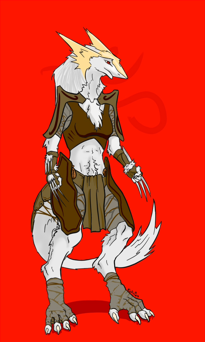 4_toes anthro armor breasts claws clothed clothing feet female fingers fur leather red_background simple_background solo southern standing tail toes white_body white_fur kryvian mammal sergal