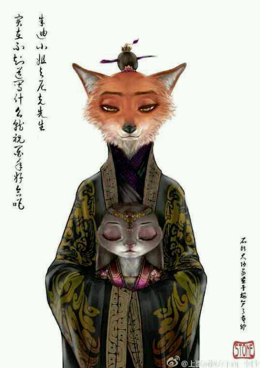 anthro black_nose brown_body brown_fur cheek_tuft clothed clothing duo eyes_closed facial_tuft fully_clothed fur geisha grey_body grey_fur looking_at_viewer robe simple_background text tuft white_background disney zootopia judy_hopps nick_wilde canid canine fox lagomorph leporid mammal rabbit red_fox true_fox chinese_text translation_request