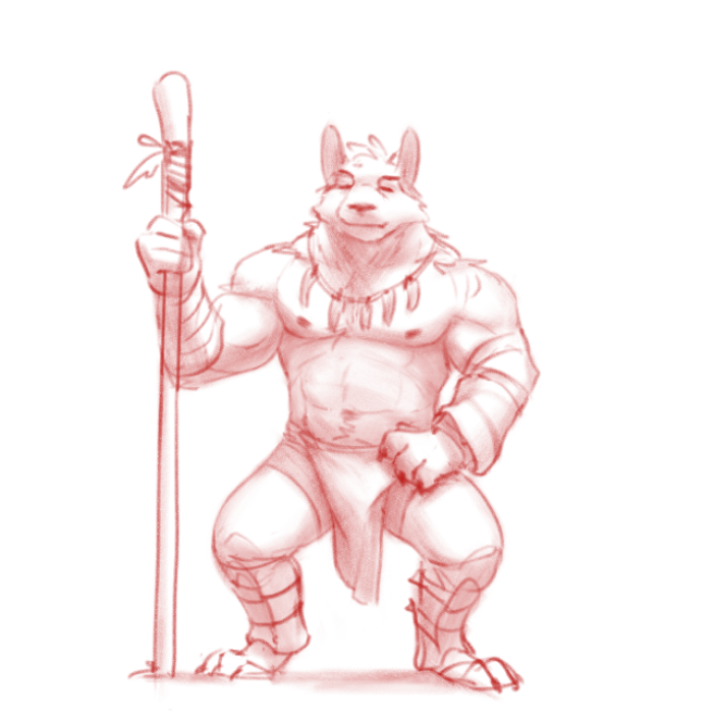 anthro bottomwear clothing holding_object holding_weapon jewelry loincloth male muscular muscular_male necklace nipples pubes smile smiling_at_viewer solo tribal tribal_clothing tribal_jewelry tribal_necklace underwear weapon 3000vnd canid canine canis domestic_dog mammal