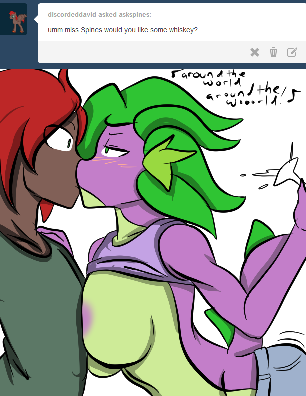 alcohol anthro anthrofied areola beverage blush breasts clothed clothing clothing_lift crossgender drunk duo female half-closed_eyes holding_glass holding_object kiss_on_lips kissing male male/female narrowed_eyes shirt shirt_lift simple_background substance_intoxication tail text topwear white_background inuyuru friendship_is_magic hasbro my_little_pony mythology tumblr fan_character spike_(mlp) dragon equid equine horse mammal mythological_creature mythological_scalie pony scalie english_text
