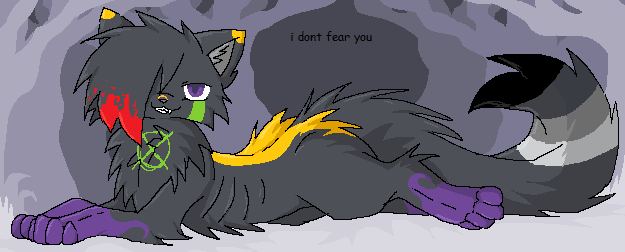 ambiguous_gender black_text digitigrade feral feral_with_hair fur green_markings grey_body grey_fur grey_inner_ear grey_inner_ear_fluff grin hair hair_over_eye highlights_(coloring) inner_ear_fluff looking_at_viewer lying markings narrowed_eyes on_front paws purple_markings red_highlights ribs skinny smile smiling_at_viewer solo sparklefur tail teeth text tuft yellow_markings dethtwink domestic_cat felid feline felis mammal 2024 cel_shading comic_sans english_text full-length_portrait portrait shaded