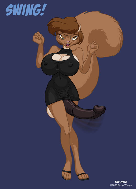 anthro big_breasts big_penis black_clothing black_dress black_penis breasts brown_body brown_eyes brown_fur brown_hair clasped_hands clothing cocktail_dress copyright_symbol dress exclamation_point eyewear fluffy fluffy_tail footwear fur genitals glasses gynomorph hair high_heels huge_penis intersex looking_at_viewer nipple_outline open_mouth penis shoes short_hair simple_background solo squirrel_tail swinging_penis symbol tail text doug_winger mammal rodent sciurid tree_squirrel 2006