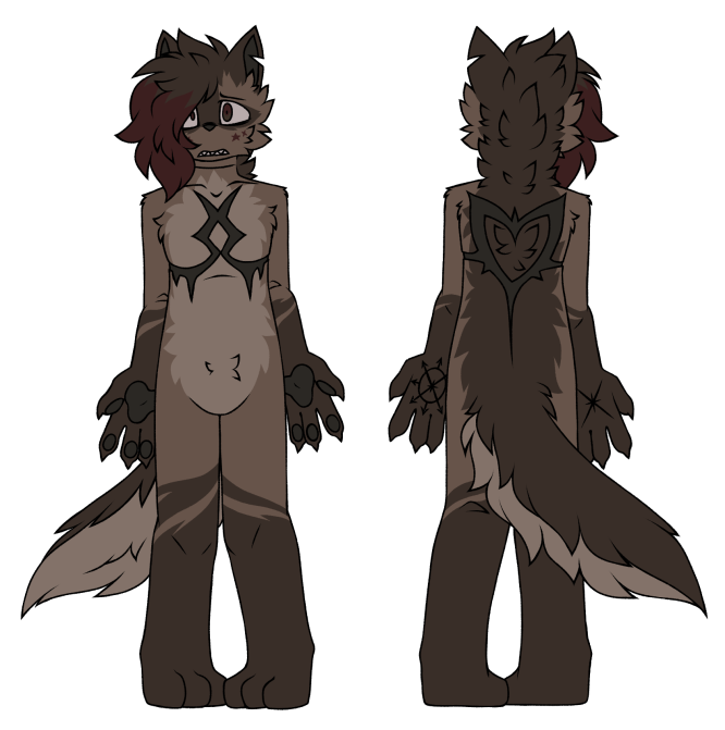 ambiguous_gender anthro brown_body brown_eyes brown_fur casual_nudity fur genderfluid glitch_gender hair hair_over_eye hand_tattoo inner_ear_fluff mastectomy_scar nude one_eye_obstructed pawpads paws scar solo star_on_cheek tuft pegacousin pegacousin_(pegacousin) canid canine canis domestic_dog mammal 2023 alpha_channel model_sheet