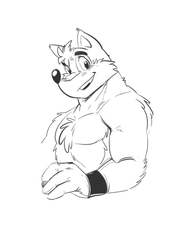 anthro athletic biceps chest_tuft clothed clothing featureless_chest fur grin looking_at_viewer male muscular muscular_anthro open_mouth pecs pose smile solo teeth topless tuft wristband piti_yindee wuffle_(webcomic) wuffle canid canine canis mammal wolf monochrome sketch