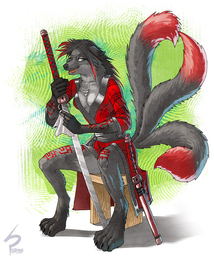 anthro biped breasts digitigrade female green_eyes melee_weapon multi_tail sitting solo sword tail tongue weapon ashpond canid canine fox mammal 2010