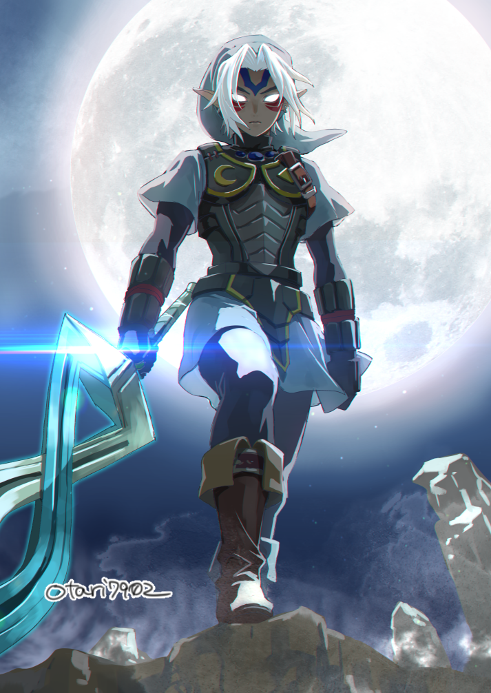 biped boots clothed clothing detailed_background eyebrows footwear glowing glowing_eyes hair holding_object holding_weapon humanoid_pointy_ears male moon night not_furry pointy_ears shoes solo weapon white_eyes white_hair otari7902 majora's_mask nintendo the_legend_of_zelda fierce_deity_link link humanoid hylian signature