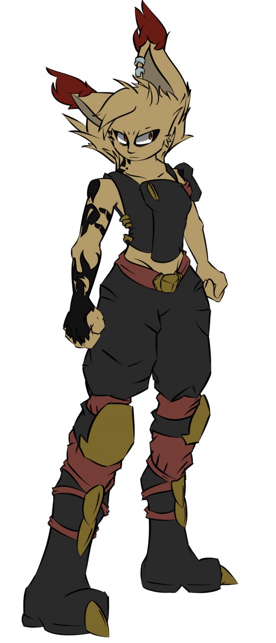 anthro arm_tattoo armor boots bottomwear clothing ear_piercing ear_ring ear_tuft female footwear knee_pads orange_eyes pants piercing ring_piercing shoes solo tattoo topwear tuft vest spicy_flakes delphi felid feline lynx mammal hi_res