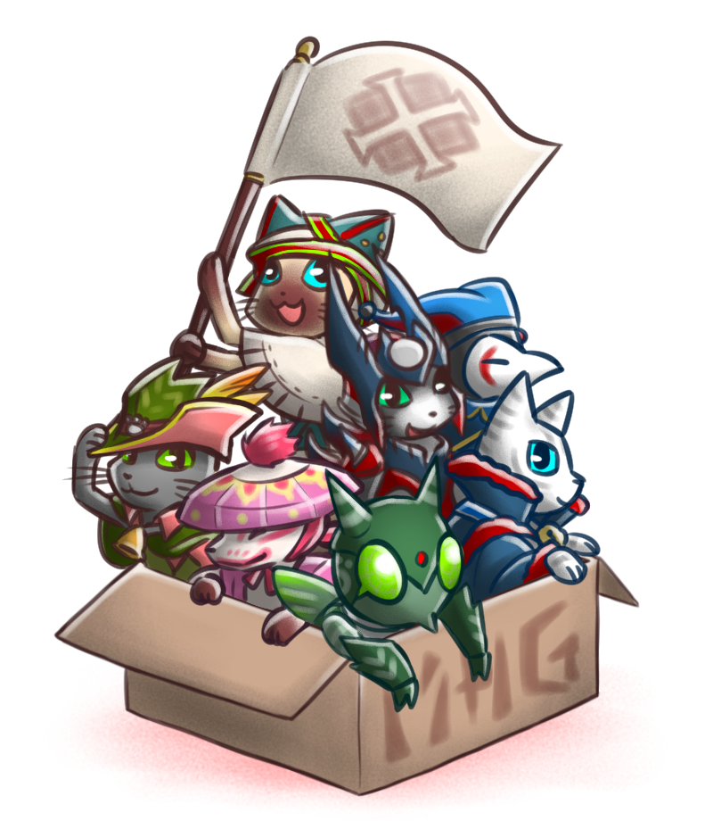 armor bell blue_eyes box cardboard cardboard_box clothing coat container costume flag flag_(object) green_eyes group headgear helmet holding_flag holding_object in_box in_container looking_aside looking_at_viewer mask simple_background topwear white_background canes-cm capcom monster_hunter astalos brute_wyvern felid felyne flying_wyvern glavenus leviathan_(mh) lynian mammal mizutsune palico reptile scalie