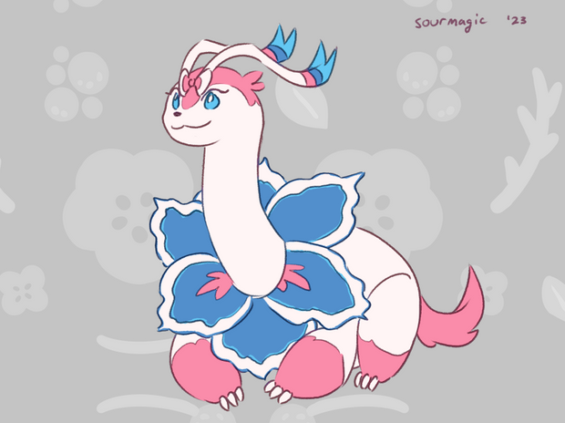 ambiguous_gender blue_eyes bow_ribbon claws feral flesh_ribbon flower fur fusion no_ears pink_body pink_fur pink_tail plant pokemon_fusion ribbons solo tail white_body white_fur sourmagic nintendo pokemon eeveelution generation_2_pokemon generation_6_pokemon hybrid meganium pokemon_(species) sylveon