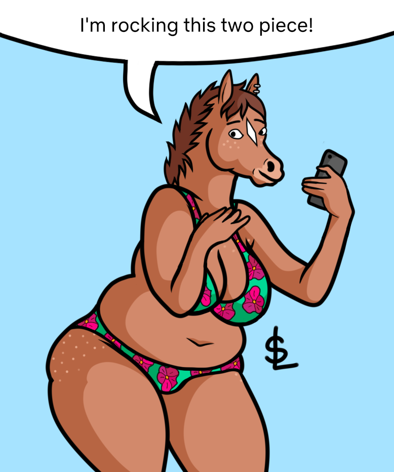 anthro bikini breasts butt cellphone cleavage clothed clothing ear_piercing ear_ring electronics facial_markings female floral_pattern forehead_mark freckled_butt freckles head_markings holding_cellphone holding_object holding_phone holding_smartphone markings muzzle_(marking) phone piercing ring_piercing slightly_chubby slightly_chubby_female smartphone snout snout_markings solo speech_bubble swimwear two-piece_swimsuit two_piece omochao4_(artist) third-party_edit bojack_horseman netflix hollyhock_(bojack_horseman) equid equine horse mammal