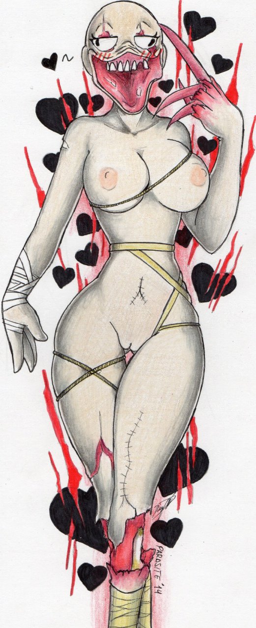 anthro bald bandage bdsm big_breasts blush bondage bone bound breasts claws creepy cross-eyed crossgender exposed_flesh exposed_gums female genitals heart_symbol hearts_around_body hearts_around_head looking_at_viewer open_mouth pussy rope scar smile solo stitch_(sewing) teeth white_body white_skin parasitedeath amnesia:_the_dark_descent grunt_(amnesia) monster 2014 archived_source hi_res traditional_media_(artwork)