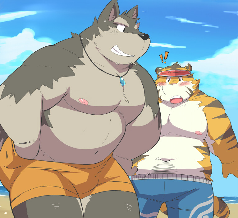 anthro beach belly blush bulge clothing duo humanoid_hands kemono male moobs navel nipples overweight overweight_male seaside swimwear water ayame42612 canid canine felid mammal pantherine tiger 2014