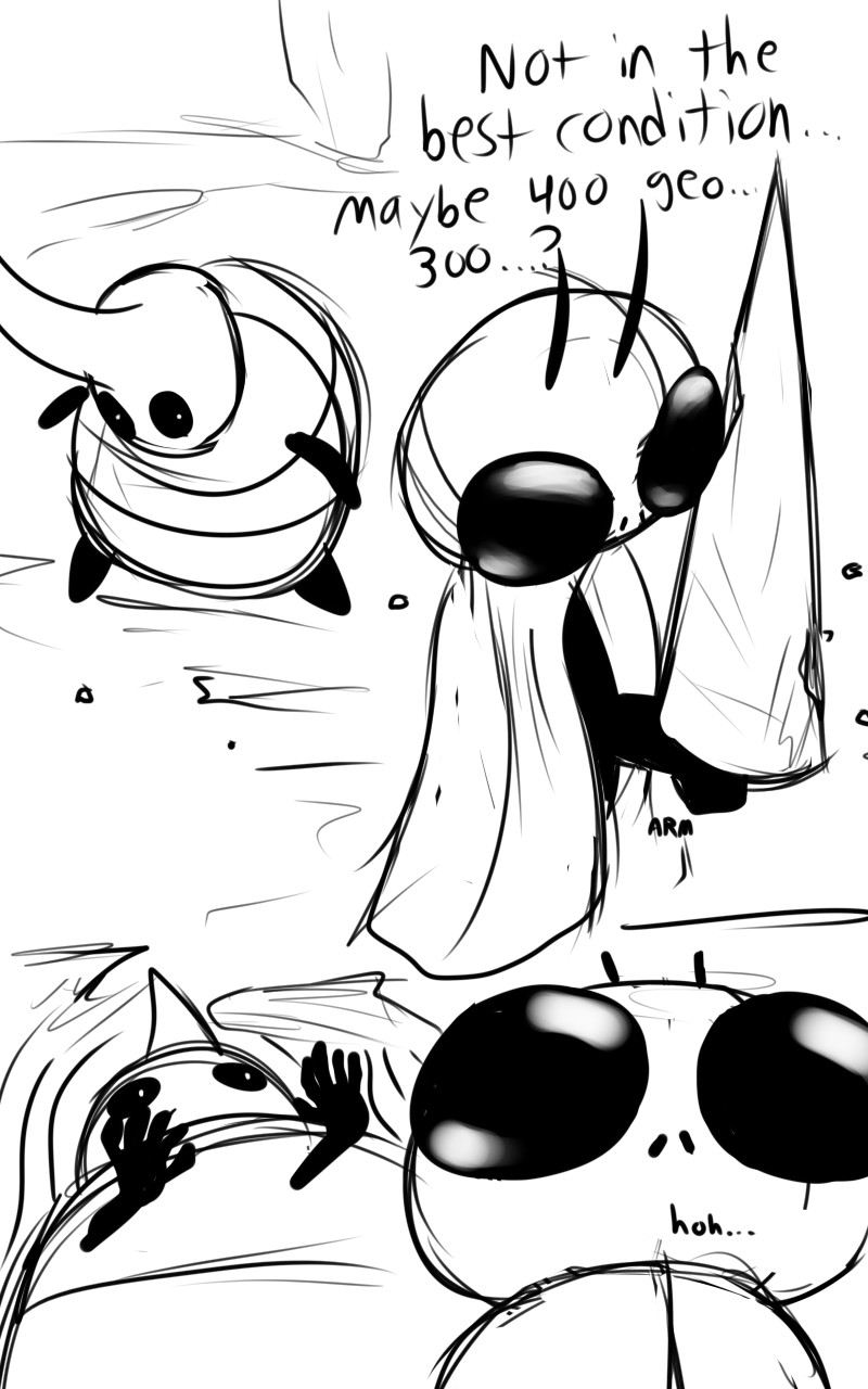 5_fingers ambiguous_gender antennae_(anatomy) biped black_body black_eyes black_text cloak clothing dialogue duo ellipsis fingers holding_melee_weapon holding_object holding_weapon horn looking_at_another melee_weapon nail_(weapon) questioning_ellipsis standing talking_to_self text weapon skeletorskeletonized hollow_knight team_cherry sly_(hollow_knight) arthropod 2020 5:8 digital_media_(artwork) english_text hi_res monochrome