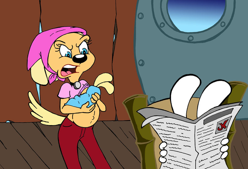 angry anthro baby belly big_belly breastfeeding clothed clothing duo female male newspaper pregnant thin_thighs young young_anthro jk brandy_and_mr._whiskers disney brandy_harrington mr._whiskers canid canine canis domestic_dog lagomorph mammal