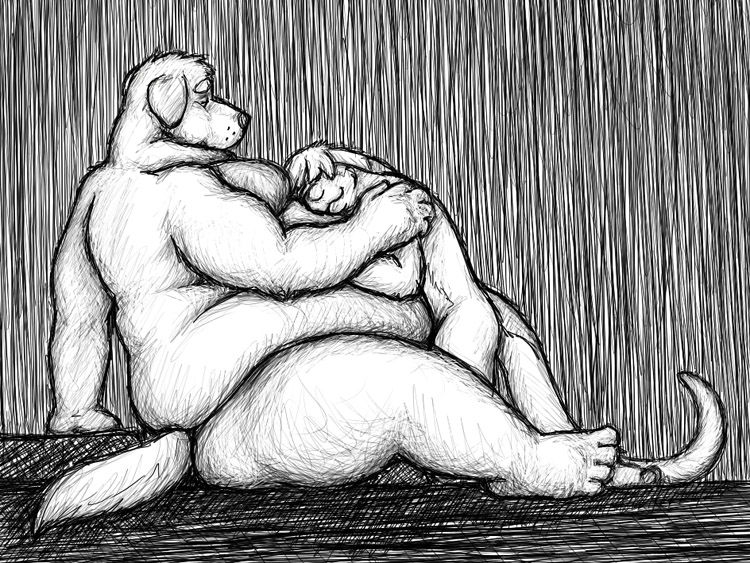 anthro belly belly_hug belly_rub big_belly cuddling duo hand_on_belly hug looking_at_another male nude obese obese_anthro obese_male overweight overweight_anthro overweight_male size_difference tail fluffylai canid canine canis domestic_dog mammal mustelid otter 2009 monochrome