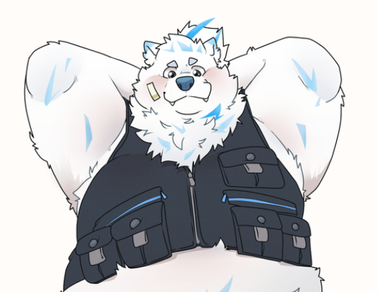 anthro bandage bandage_on_face belly blush bottomless chubby_cheeks clothed clothing fur male overweight overweight_male pouch_(clothing) raised_arms shirtless solo topwear topwear_only vest vest_only white_body white_fur zipper qqmelon888 lifewonders live_a_hero yohack canid canine canis domestic_dog mammal nordic_sled_dog samoyed spitz