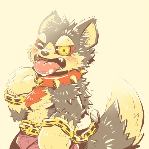 anthro black_nose black_sclera blush chain clothed clothing collar fur grey_body grey_fur kemono looking_at_viewer male multicolored_body multicolored_fur muscular muscular_anthro muscular_male one_eye_closed open_mouth partially_clothed pink_tongue red_body red_collar red_fur simple_background smile solo spiked_collar spikes teeth tongue tongue_out topless yellow_eyes doggiemonkey lifewonders tokyo_afterschool_summoners garmr_(tas) canid canine canis domestic_dog mammal 1:1 2017 digital_media_(artwork) low_res