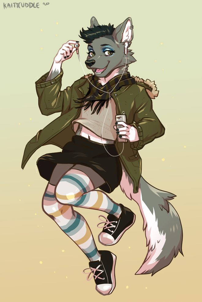 anthro clothed clothing crossdressing ear_piercing ear_ring eyebrows eyelashes footwear male open_mouth piercing ring_piercing shoes smile solo teeth tongue kaitycuddle pawsie canid canine canis mammal wolf 2020 digital_media_(artwork)