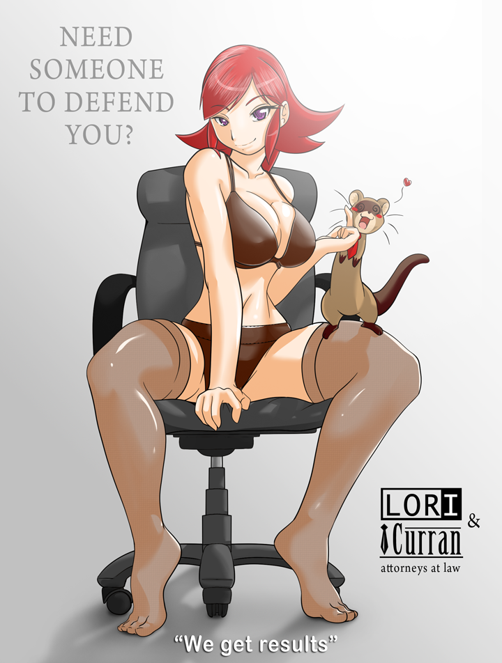 ambiguous_gender between_breasts big_breasts bra breasts chair clothed clothing duo feet female feral furniture hair huge_breasts legwear looking_at_viewer necktie nipple_outline not_furry_focus panties plantigrade purple_eyes red_hair sitting stockings text toes underwear nekonny imew_(webcomic) curran_(imew) lori_(imew) domestic_ferret human mammal mustelid musteline true_musteline weasel english_text