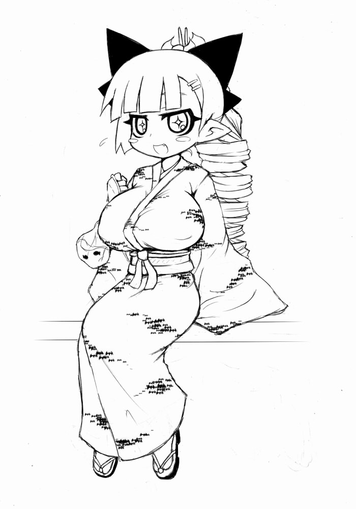 asian_clothing big_breasts breasts clothing east_asian_clothing female huge_breasts japanese_clothing kimono not_furry solo young arekishi uni_(arekishi) elf humanoid model_sheet monochrome