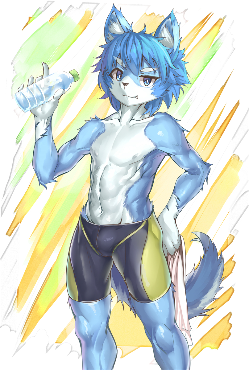 anthro athletic blue_body blue_eyes blue_hair bottle bottomwear bulge clothed clothing container fur gloves_(marking) hair hand_on_hip holding_object holding_towel kemono male markings multicolored_body muscular narrowed_eyes navel nipples shorts solo spandex spandex_shorts tight_bottomwear tight_clothing tight_shorts topless towel two_tone_body two_tone_tail water_bottle white_body white_fur nayoshi744 canid canine fox mammal 2018 digital_media_(artwork) hi_res